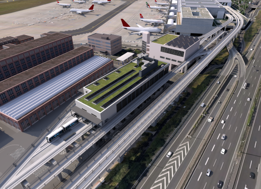 Die neue Sky Line-Bahn bindet das neu errichtete Terminal 3 im südlichen Bereich des Flughafens an die bestehende Flughafen Infrastruktur im Nordbereich an.
